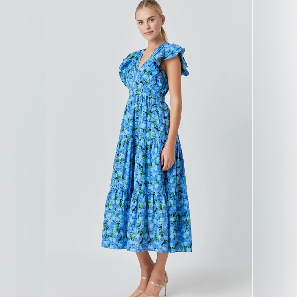 English Factory Anthropologie Blue Floral Maxi Ruffle Open Back Stretch XL